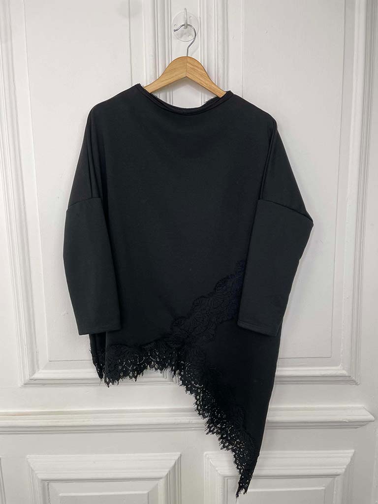 Lace Hem Asymmetric Top - Black