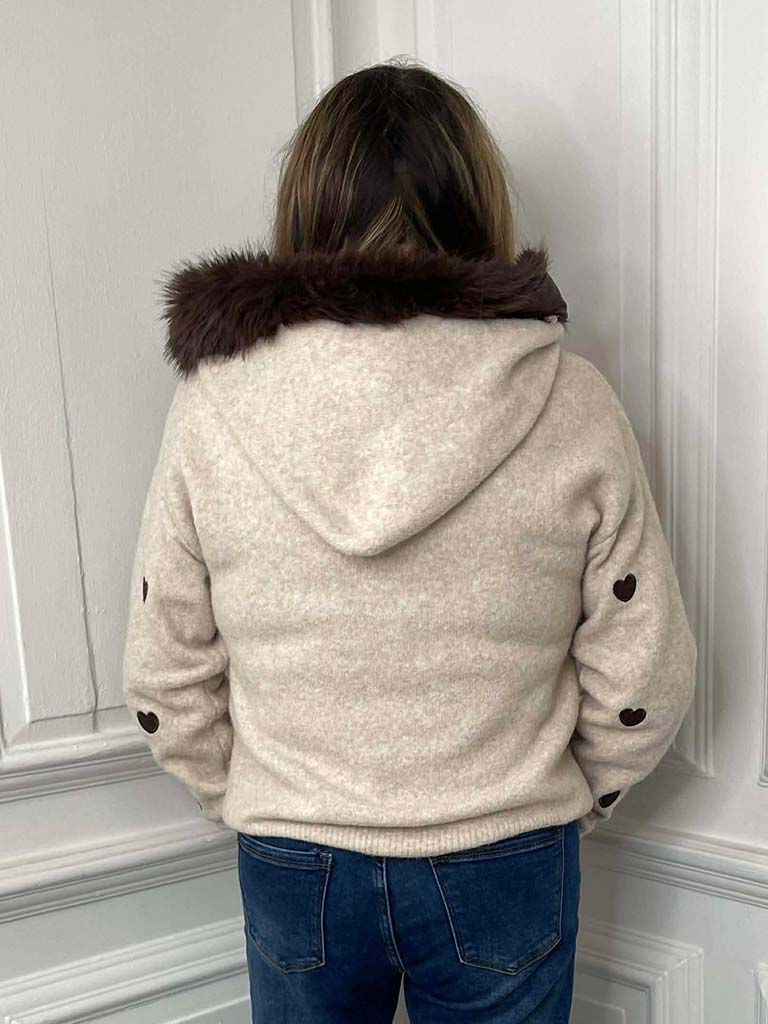 Heart Faux Fur Hooded Knit - Stone