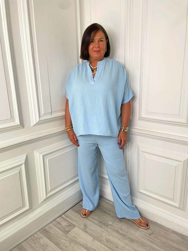 Cloud Cotton Wide Leg Trousers - Sky