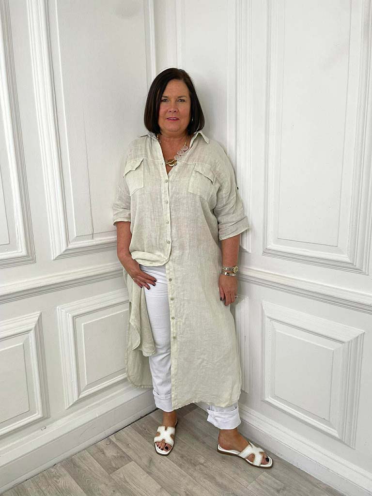 Linen Pocket Shirt Dress - Stone