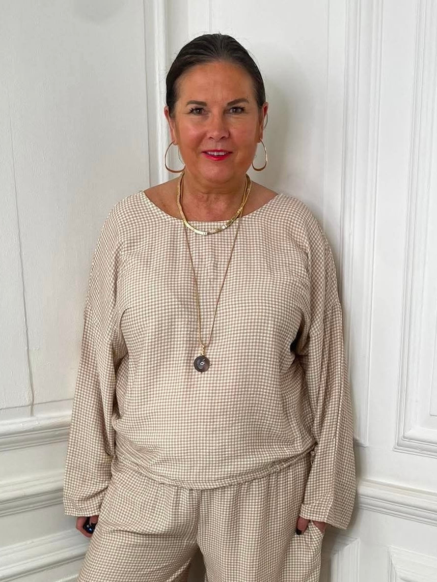 Gingham Tie Side Top - Stone