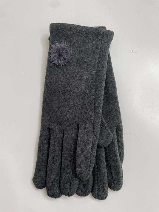 Faux Fur Pom Pom Gloves - Steel