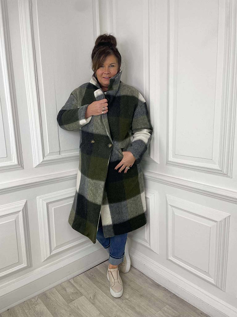 Check Wool Mix Coat - Khaki