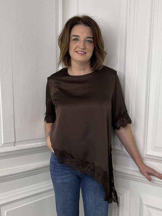 Lace Trim Asymmetric Top - Chocolate