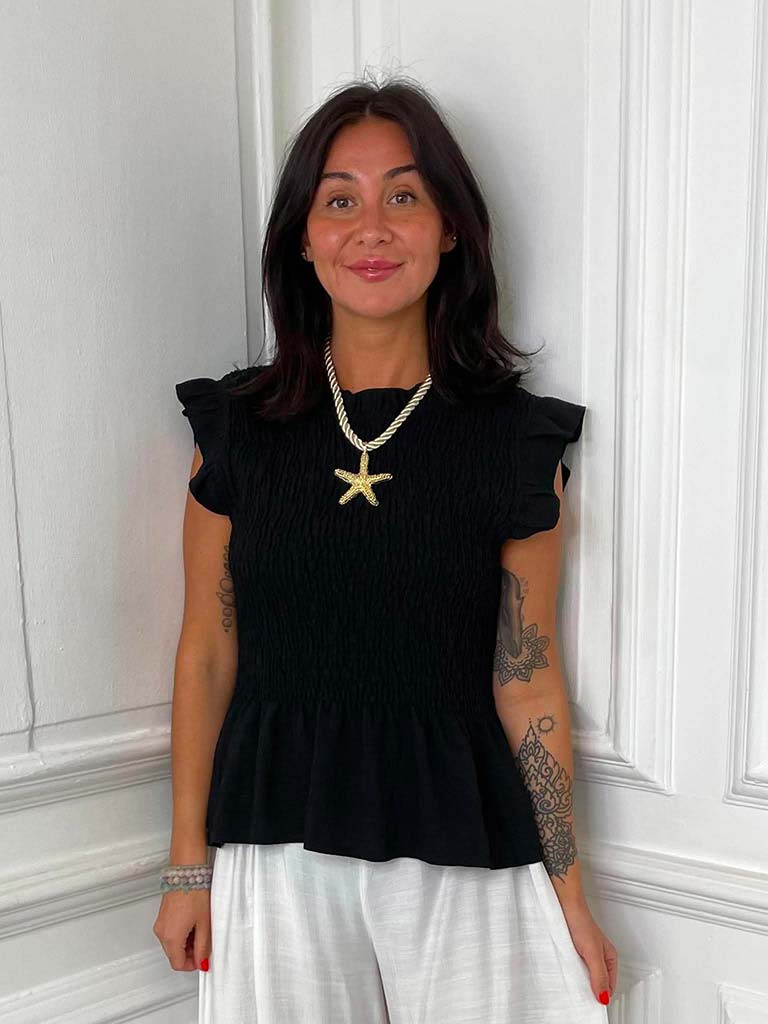 Shirred Frill Top - Black