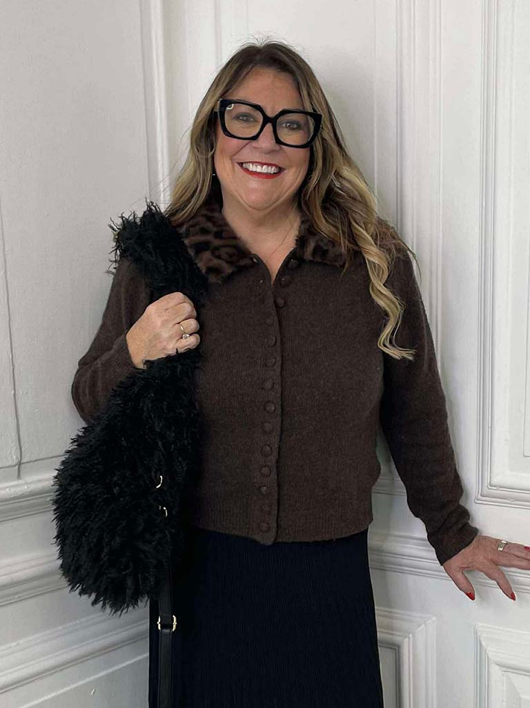 Faux Fur Collar Cardigan - Chocolate