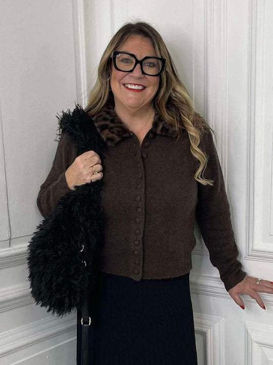 Faux Fur Collar Cardigan - Chocolate