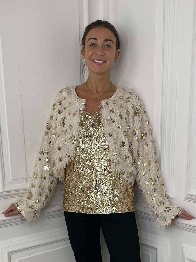 Cropped Faux Feather Sequin Jacket - Ecru