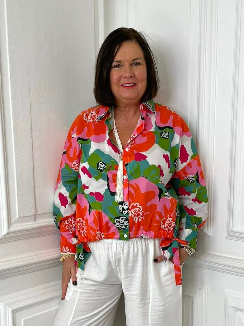 Malissa J Tropical Flower Drawstring Hem Shirt