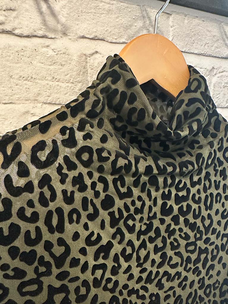 Malissa J Draped Neck Mesh Top - Khaki Leopard