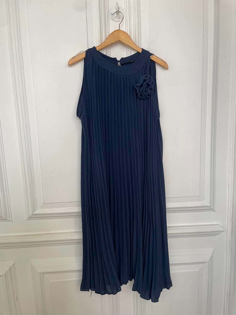 Pleated Flower Midi Dress - Navy