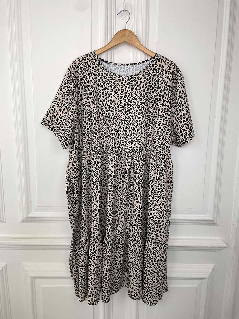 Leopard Print Tiered Smock Dress - Natural