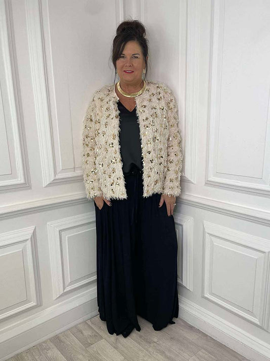 Faux Feather Sequin Jacket - Ecru