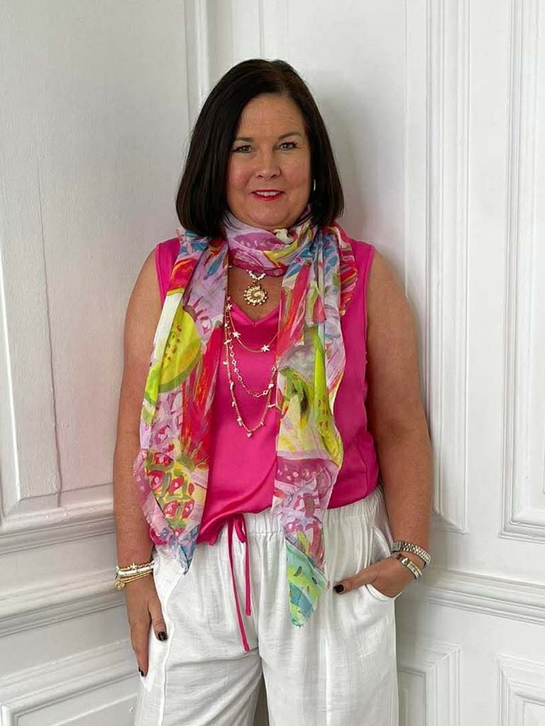Pink Malissa J fruit-print scarf styled with relaxed womens fashion outfit for everyday wear and modern look. - Malissa J Fruit Scarf - Pink