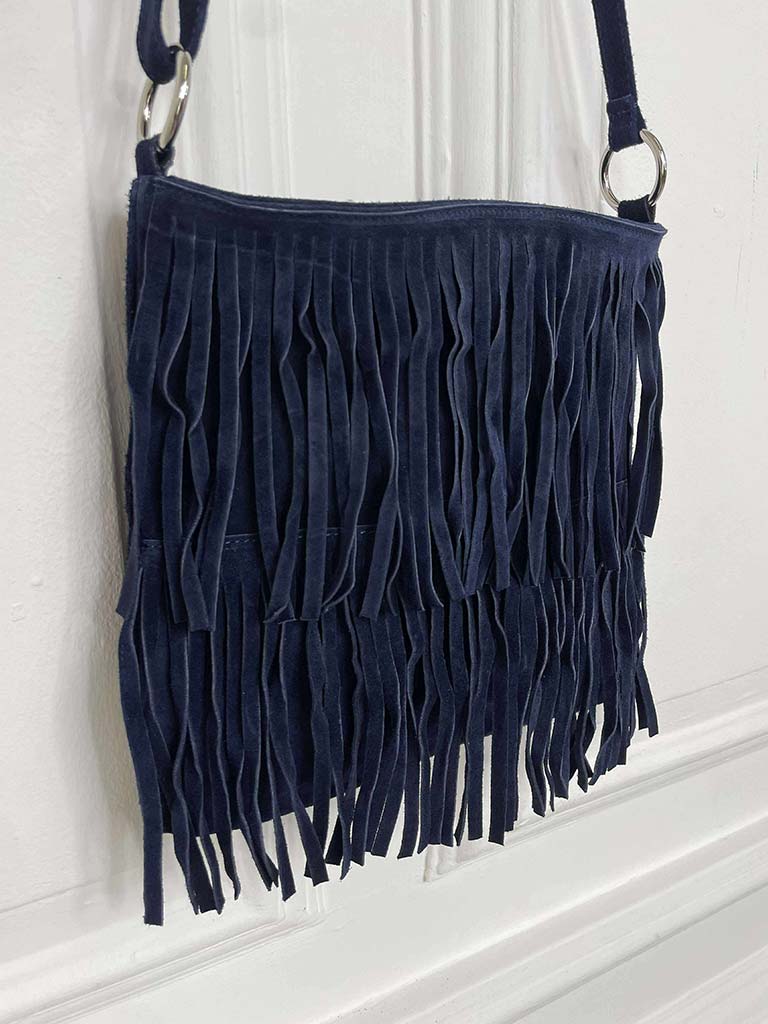 Suede Fringed Bag - Navy