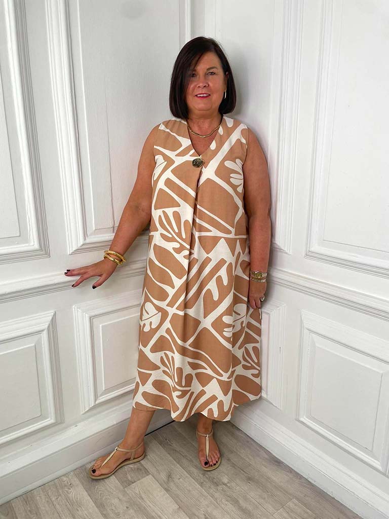 Palm Harmony Midi Dress - Caramel