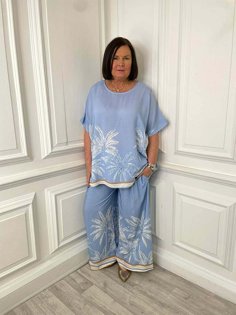 Palm Print Palazzos - Sky