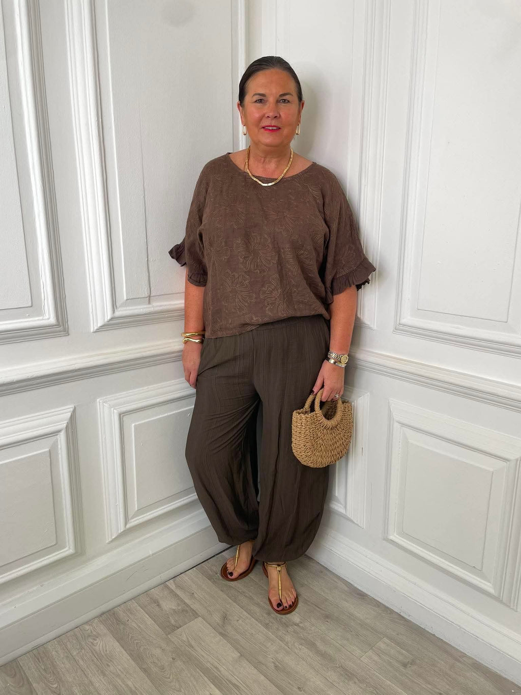 Linen Fiorita Stitch Top - Chocolate