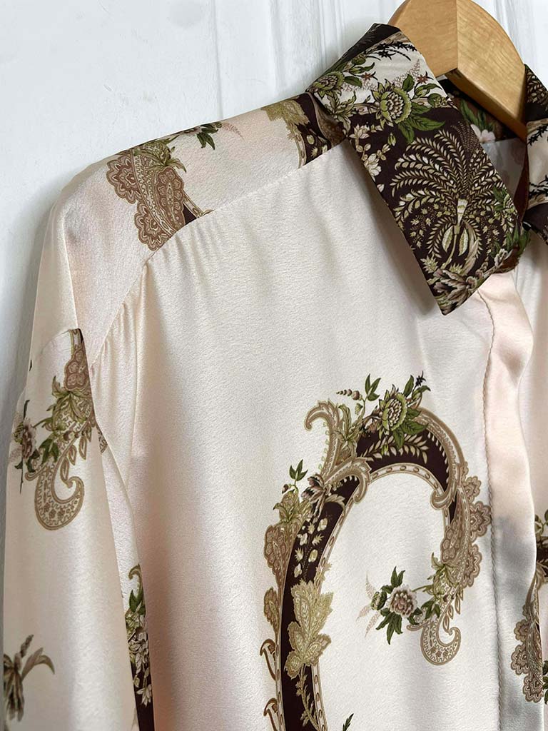 Ornate Floral Silk Feel Shirt - Champagne