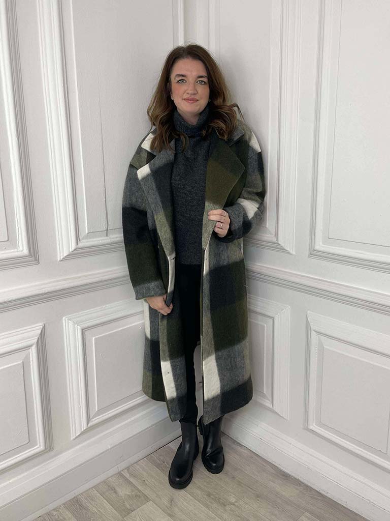 Check Wool Mix Coat - Khaki