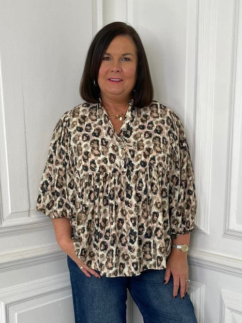 Brown leopard print smock blouse with relaxed styling, perfect for womens fashion and everyday wear in a modern outfit. - Malissa J Leopard Smock Top