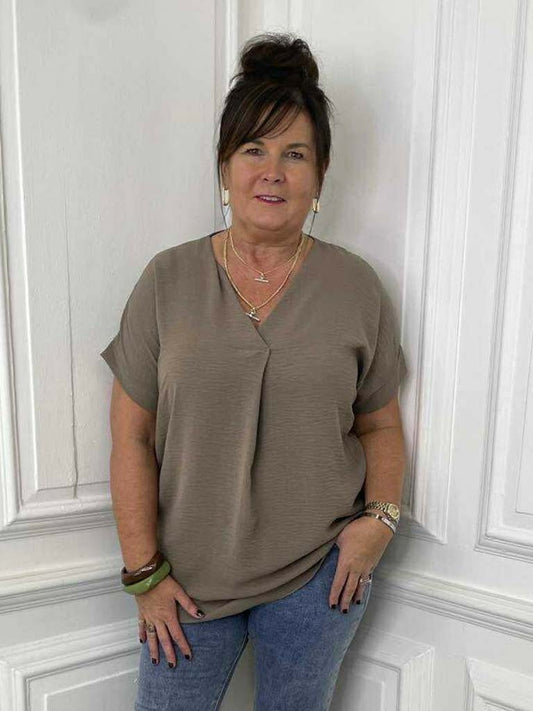V-Neck Pleat Front Top - Mocha