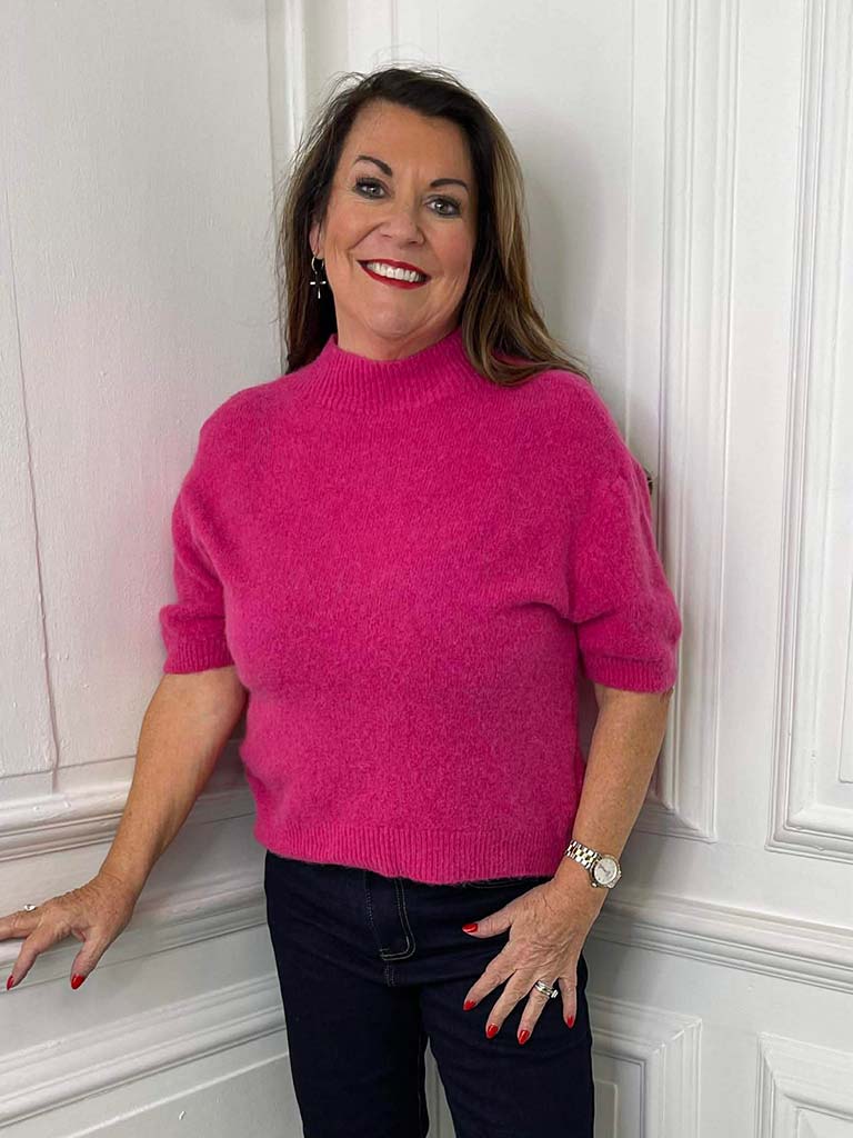 High Neck Short Sleeve Knit - Hot Pink