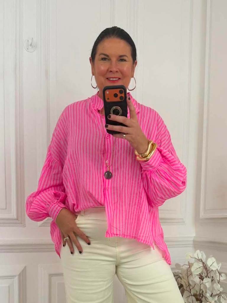 Balloon Sleeve Stripe Shirt - Neon Pink