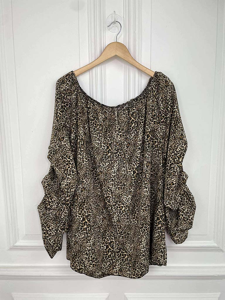 Ruched Sleeve Bardot Top - Leopard