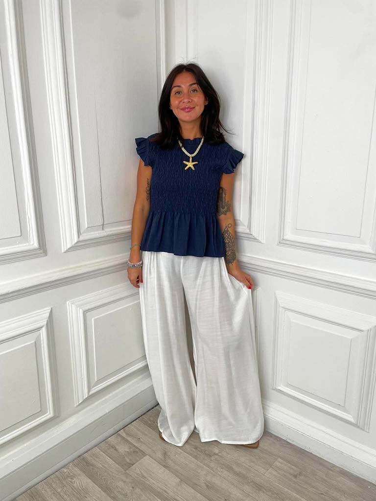 Shirred Frill Top - Navy