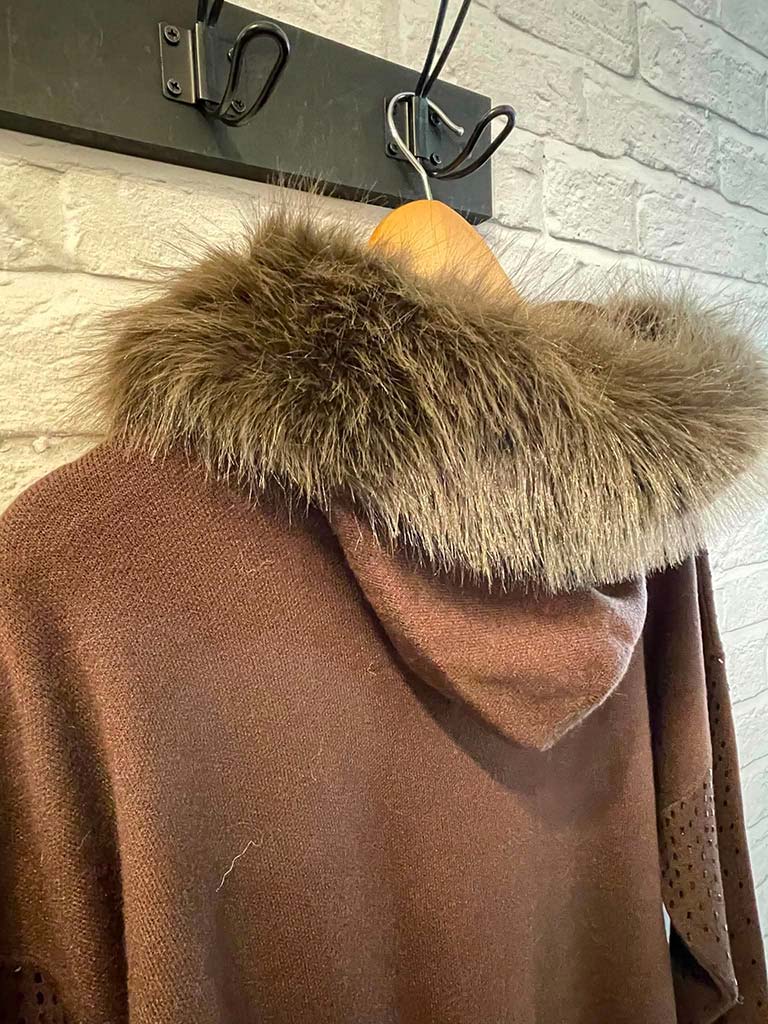 Malissa J Embellished Faux Fur Hoodie - Chocolate
