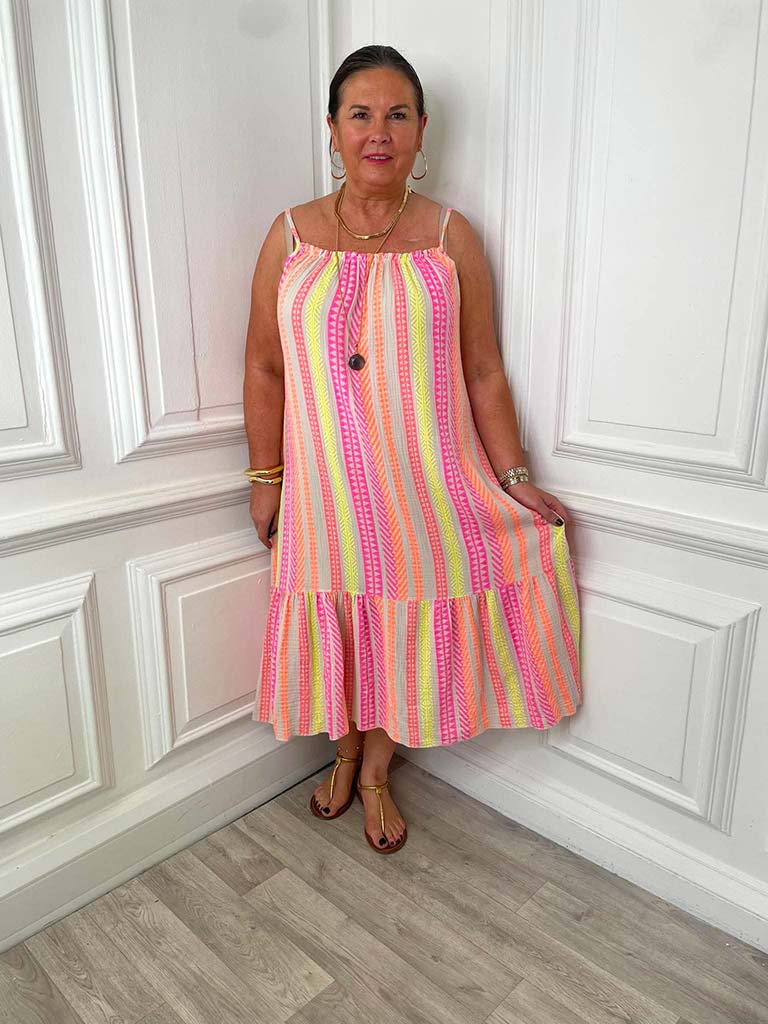 Aztec Peplum Hem Dress - Pink Mix