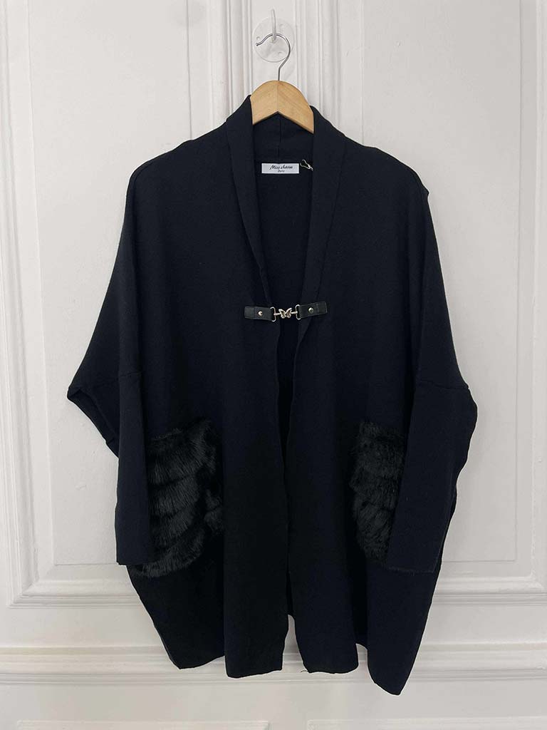 Faux Fur Pocket Cardigan - Black