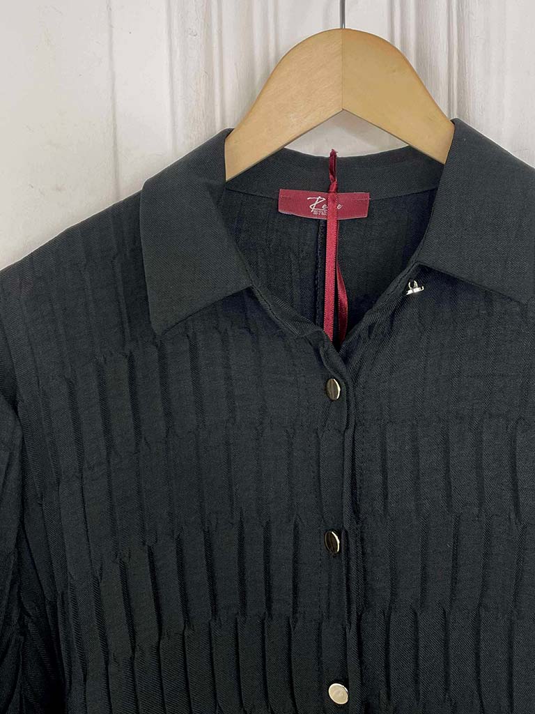 Textured Pleat Shirt Dress - Black