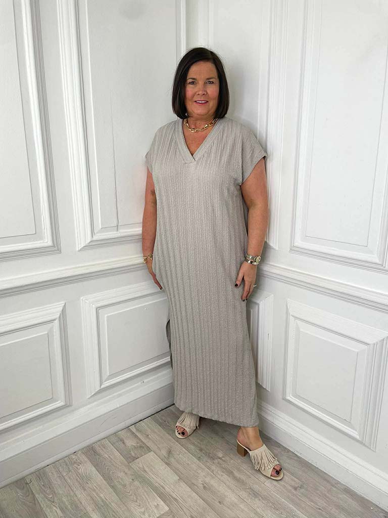 Textured Side Split Dress - Pebble