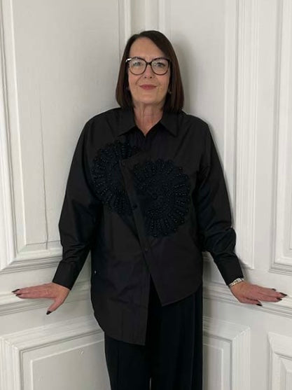 Malissa J Beaded Applique Shirt - Black