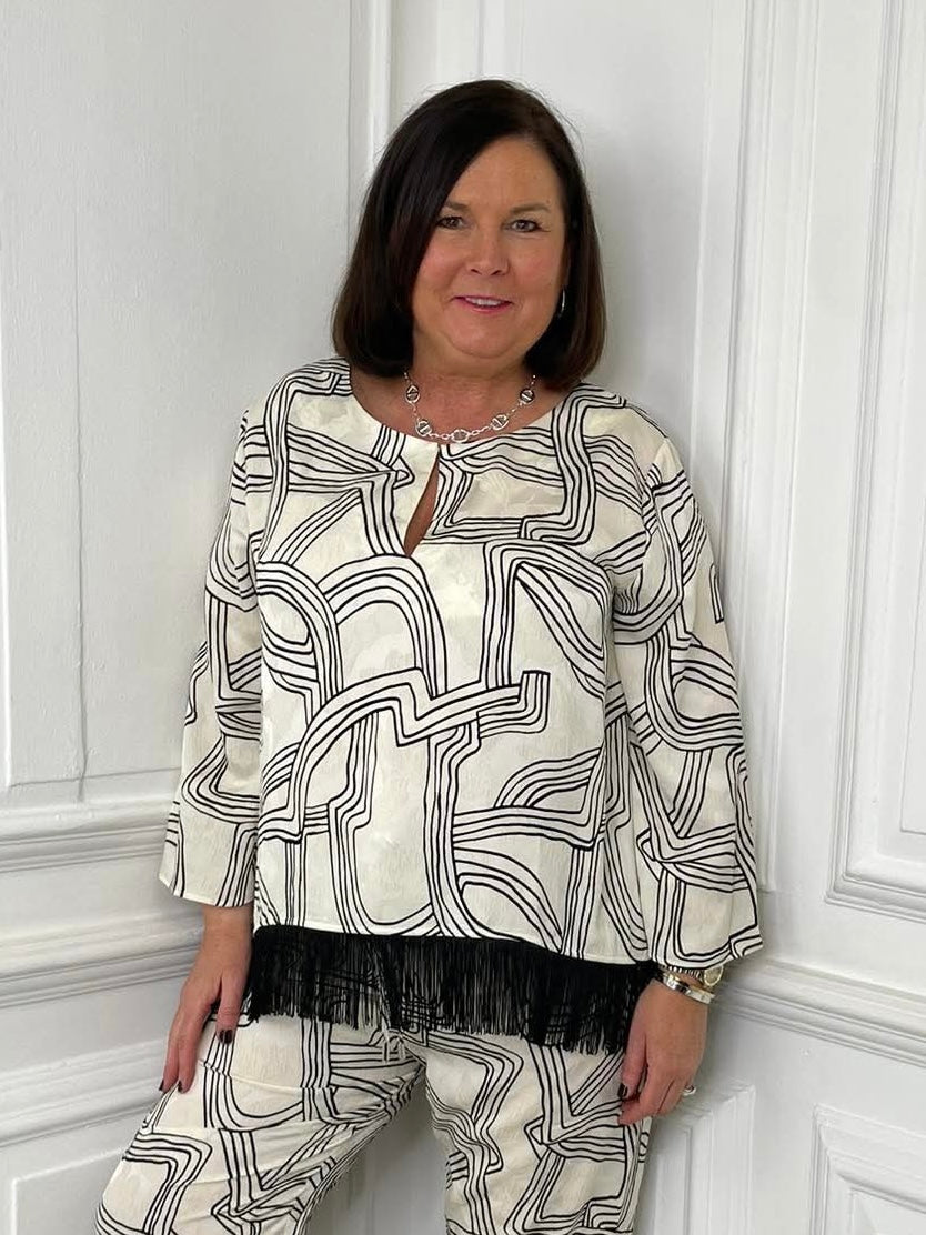 Malissa J Abstract Fringed Top - Ecru