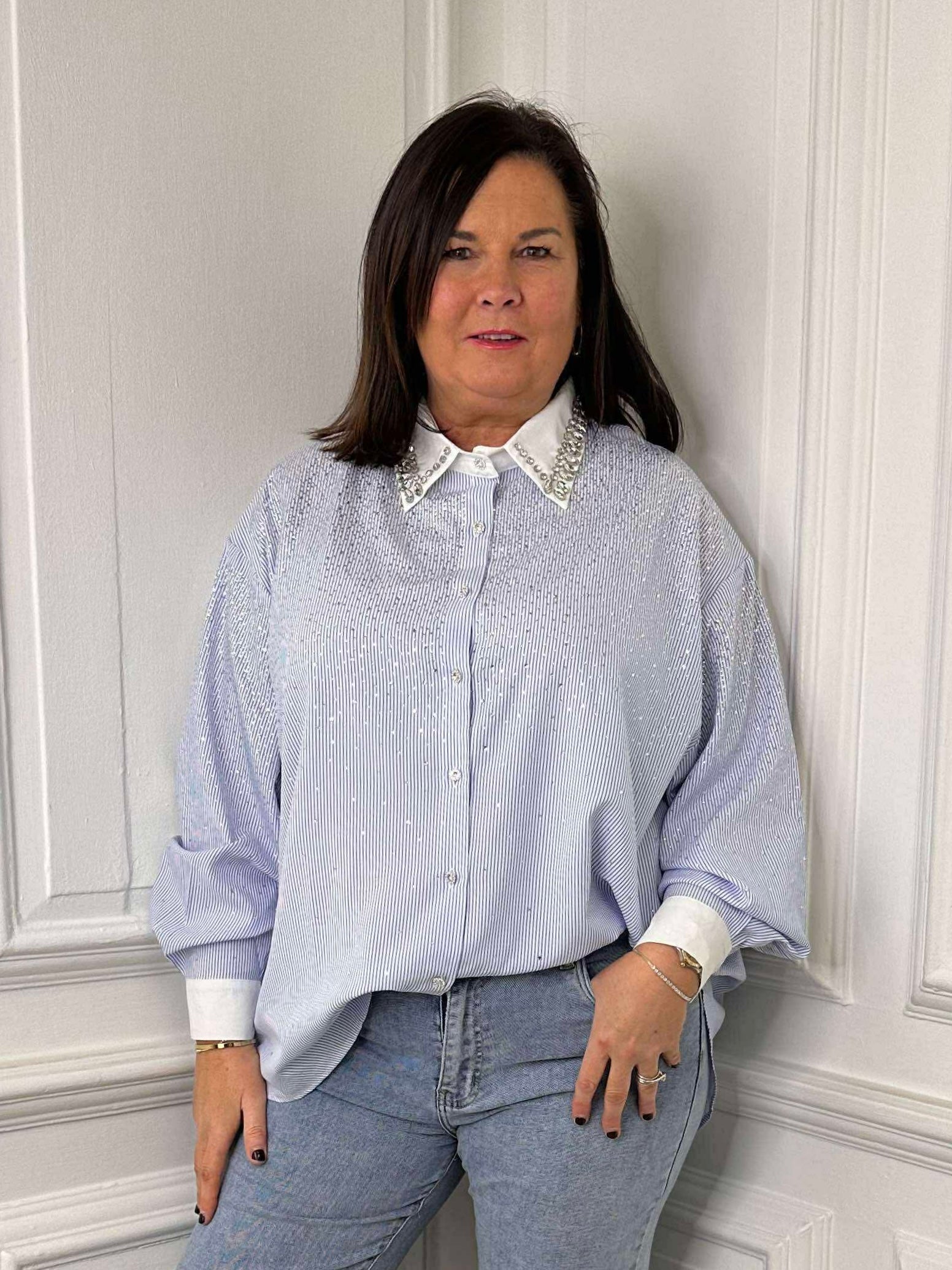 Jewelled Studded Pinstripe Shirt