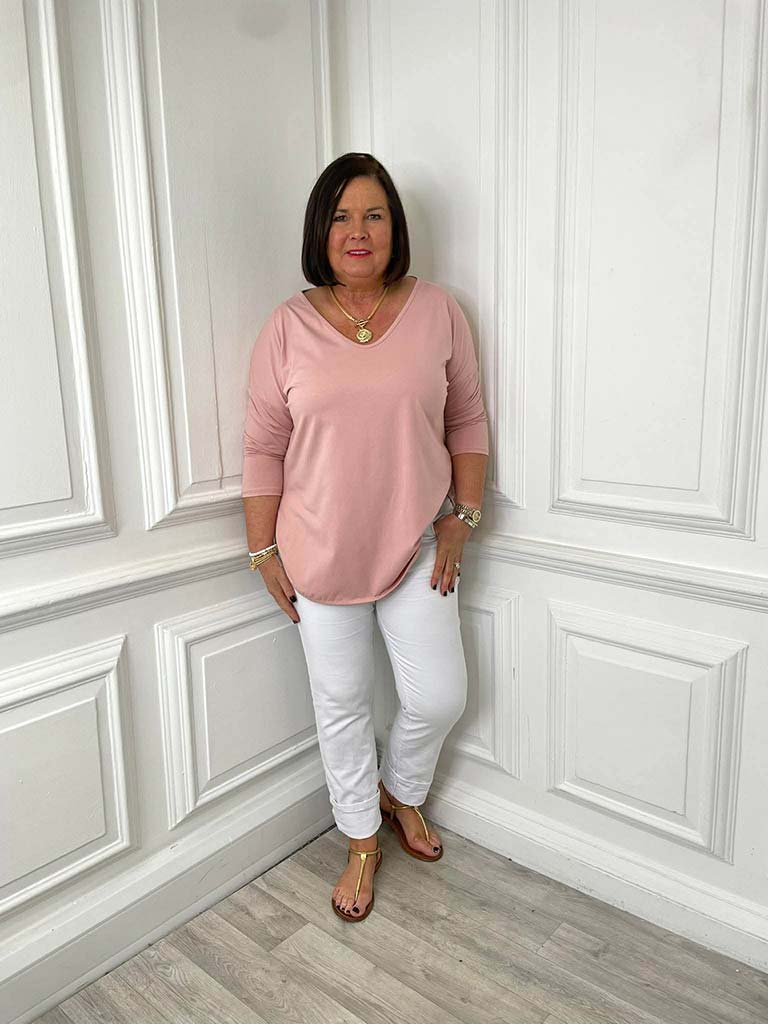 V-Neck Scooped Hem Top - Rose