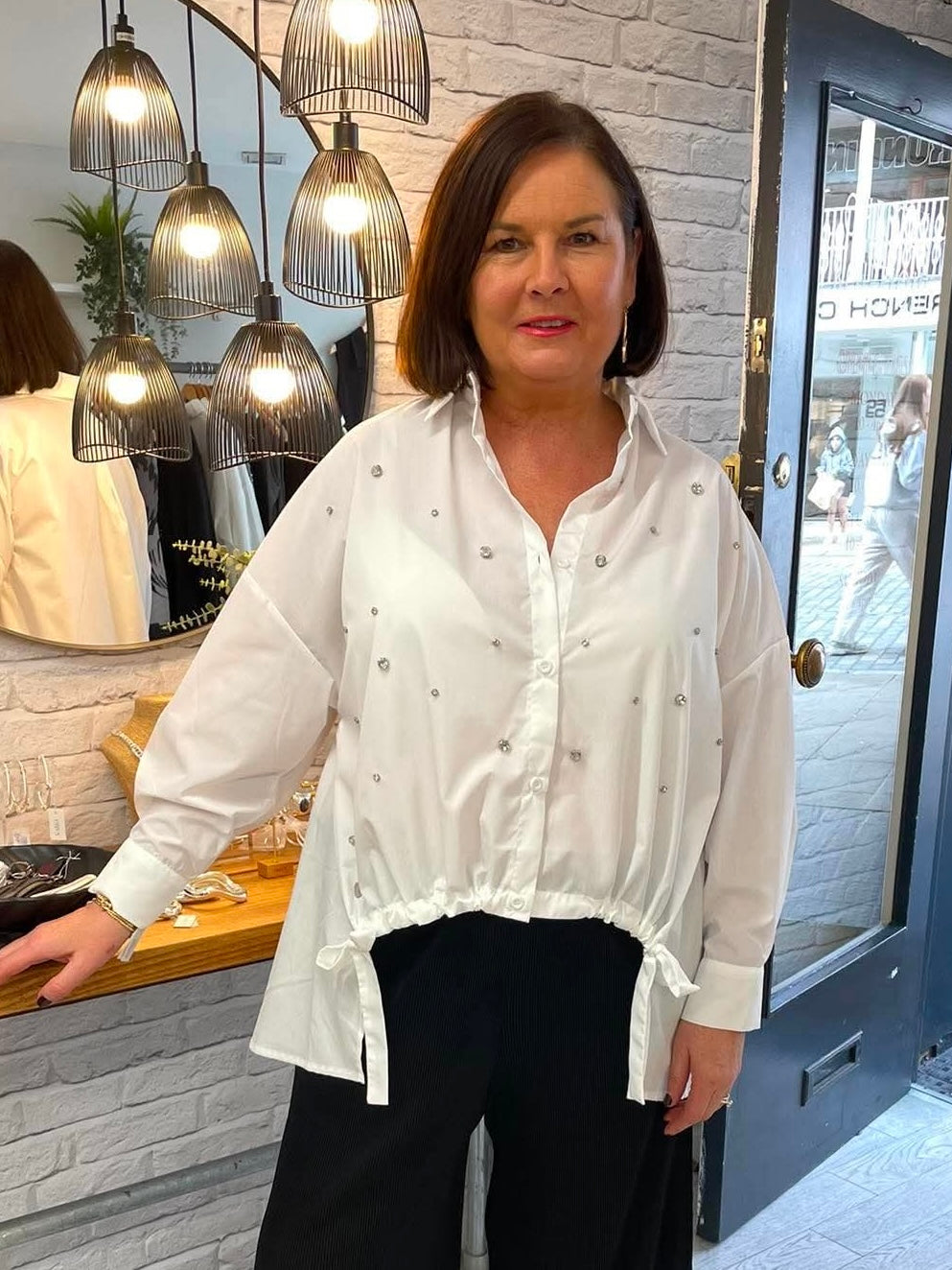 Malissa J Diamanté Drawstring Hem Shirt - White
