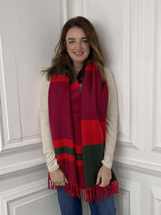 Stripe Cashmere Mix Scarf - Red