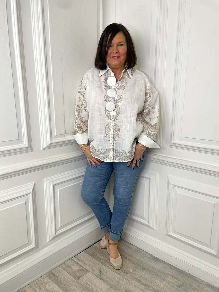 Paisley Floral Shirt - Warm White & Taupe