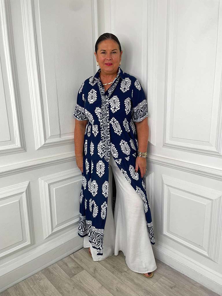 Paisley Print Tiered Maxi Dress - Navy & White