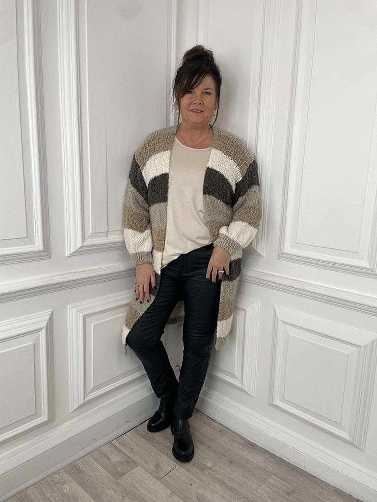 Teddy Stripe Cardigan - Stone & Mocha