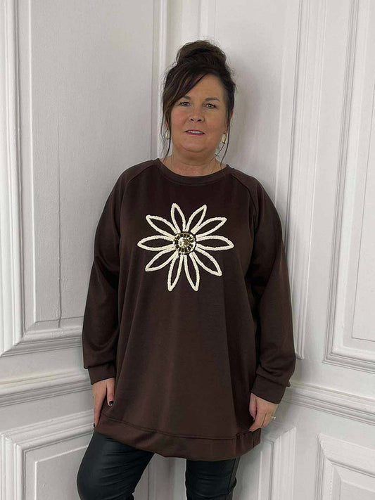 Daisy Embellished Sweatshirt - Chocolate