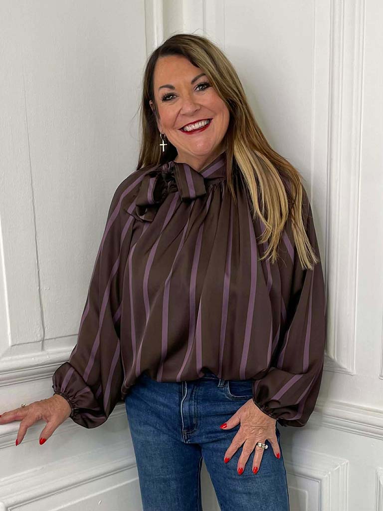 Stripe Tie Neck Blouse - Chocolate