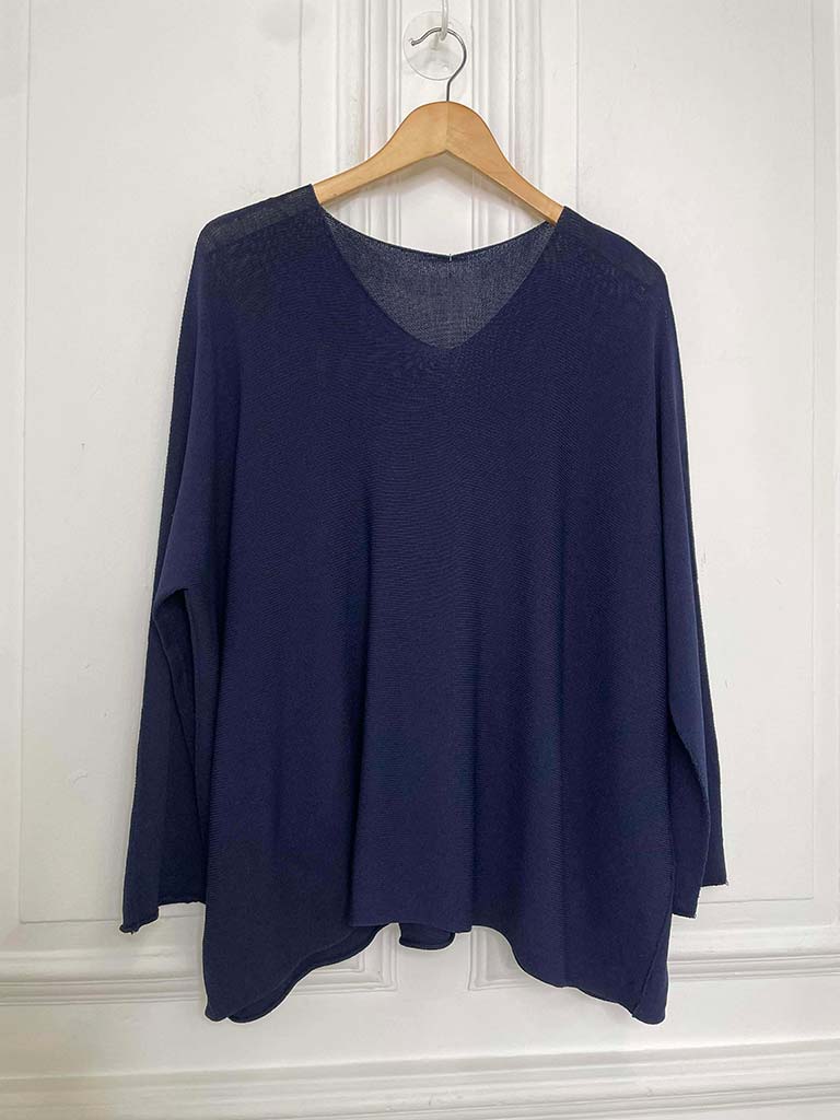 V-Neck Raw Edge Knit - Navy
