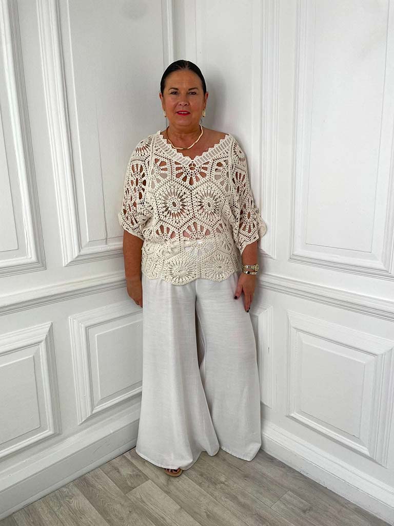 V-Neck Cotton Crochet Top - Ecru