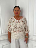 V-Neck Cotton Crochet Top - Ecru