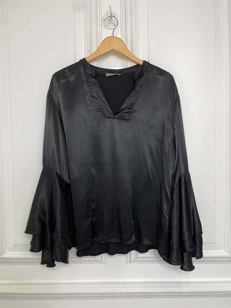 Silk Feel Bell Sleeve Blouse - Black